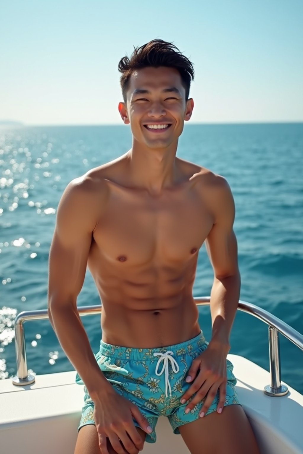 man in  swim shorts on a yacht, enjoying the sun and sea