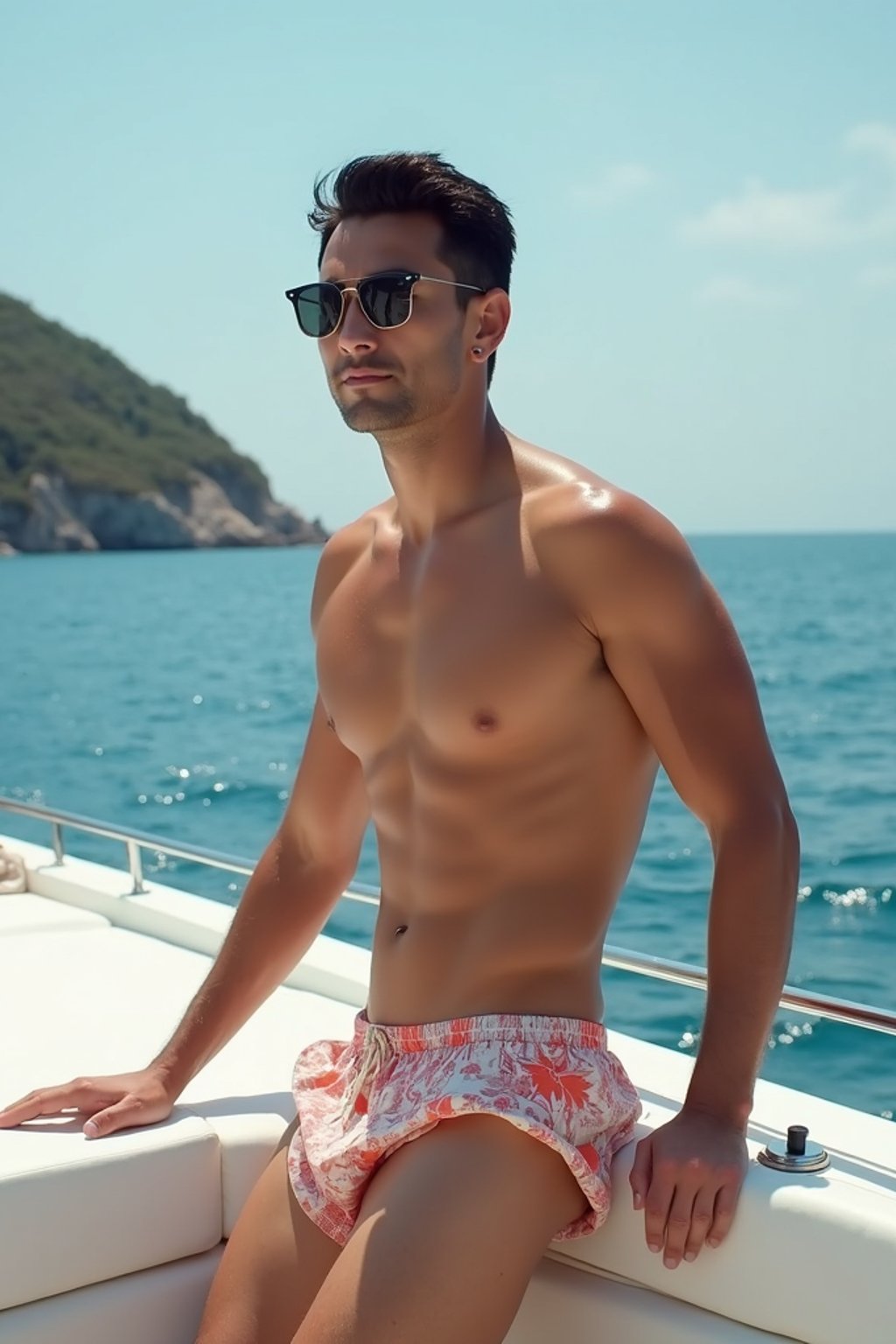 man in  swim shorts on a yacht, enjoying the sun and sea