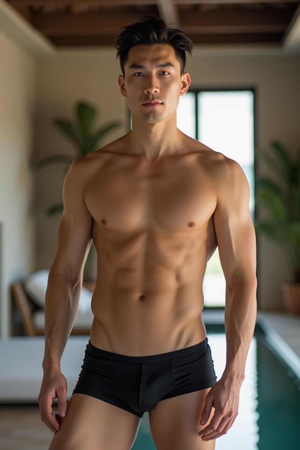 a medium portrait of a man wearing  black silk swim shorts in luxury villa living room, instagram photo,  fit body futuristic bikini