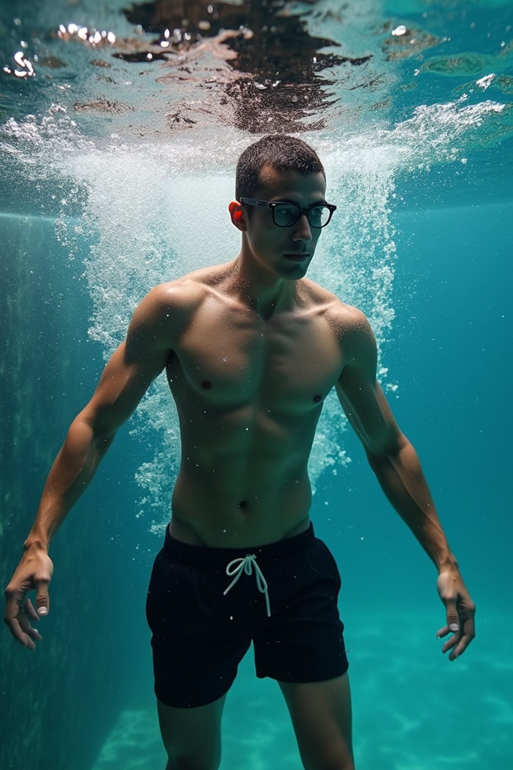 man in  swim shorts underwater, showcasing athletic ability