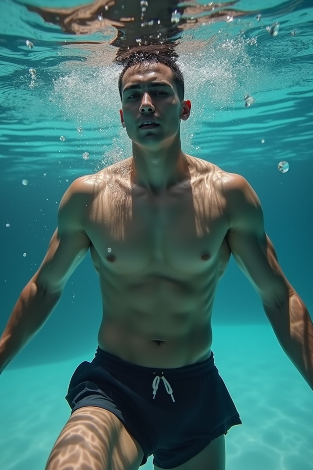 man in  swim shorts underwater, showcasing athletic ability