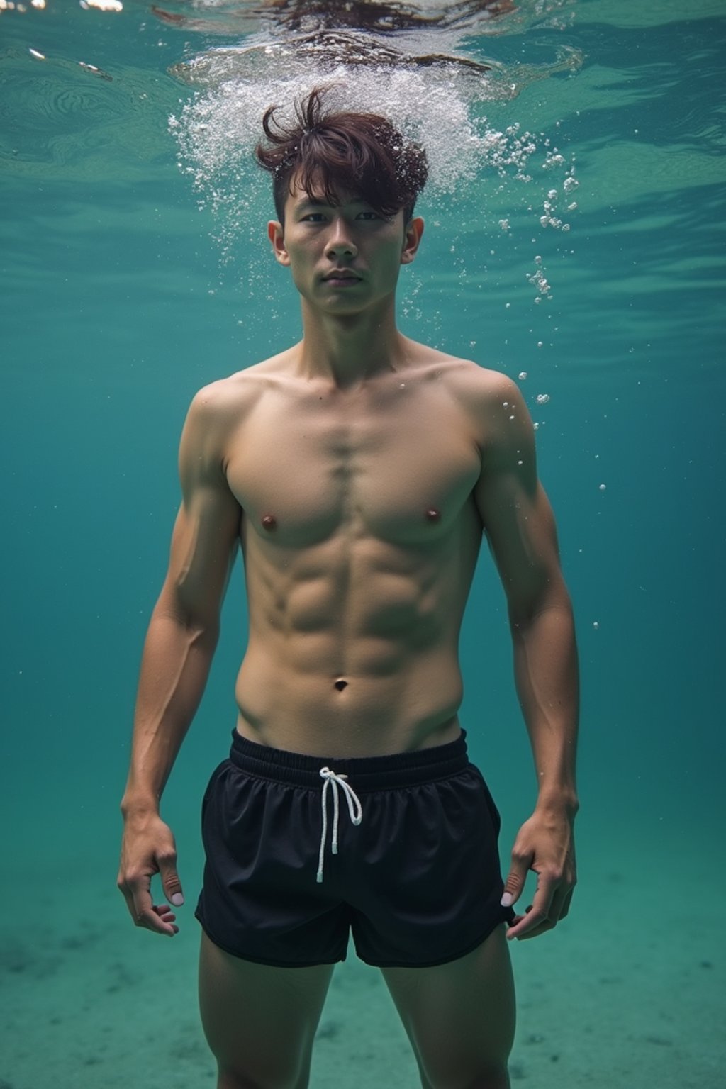 man in  swim shorts underwater, showcasing athletic ability