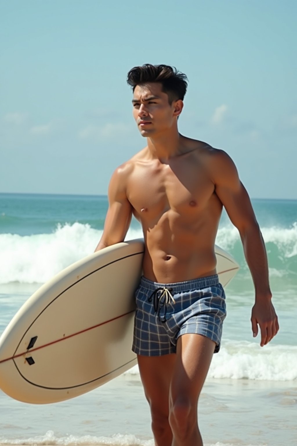 man in  board shorts with surfboard on the beach, ready to ride the waves