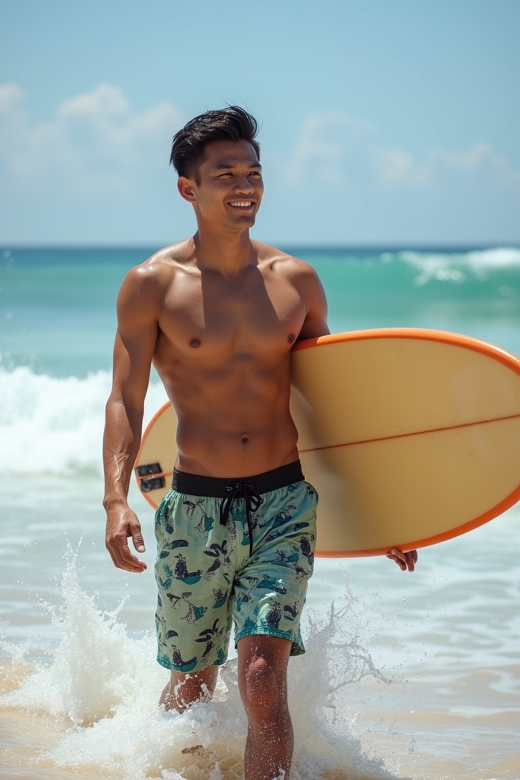 man in  board shorts with surfboard on the beach, ready to ride the waves