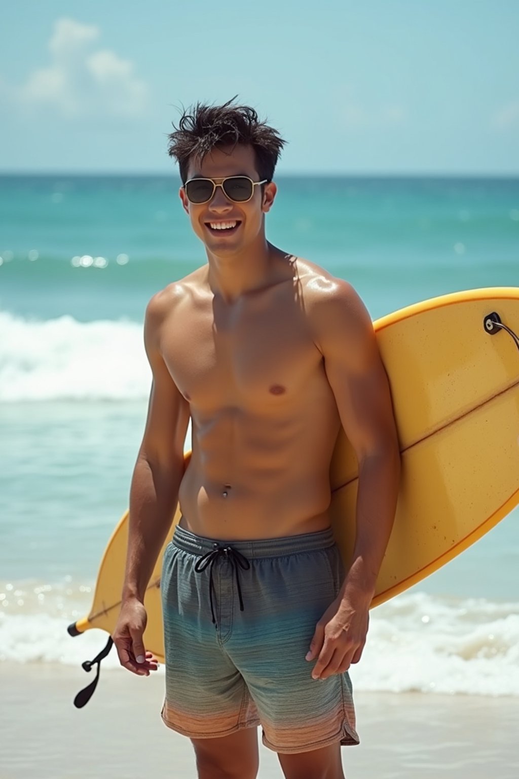 man in  board shorts with surfboard on the beach, ready to ride the waves