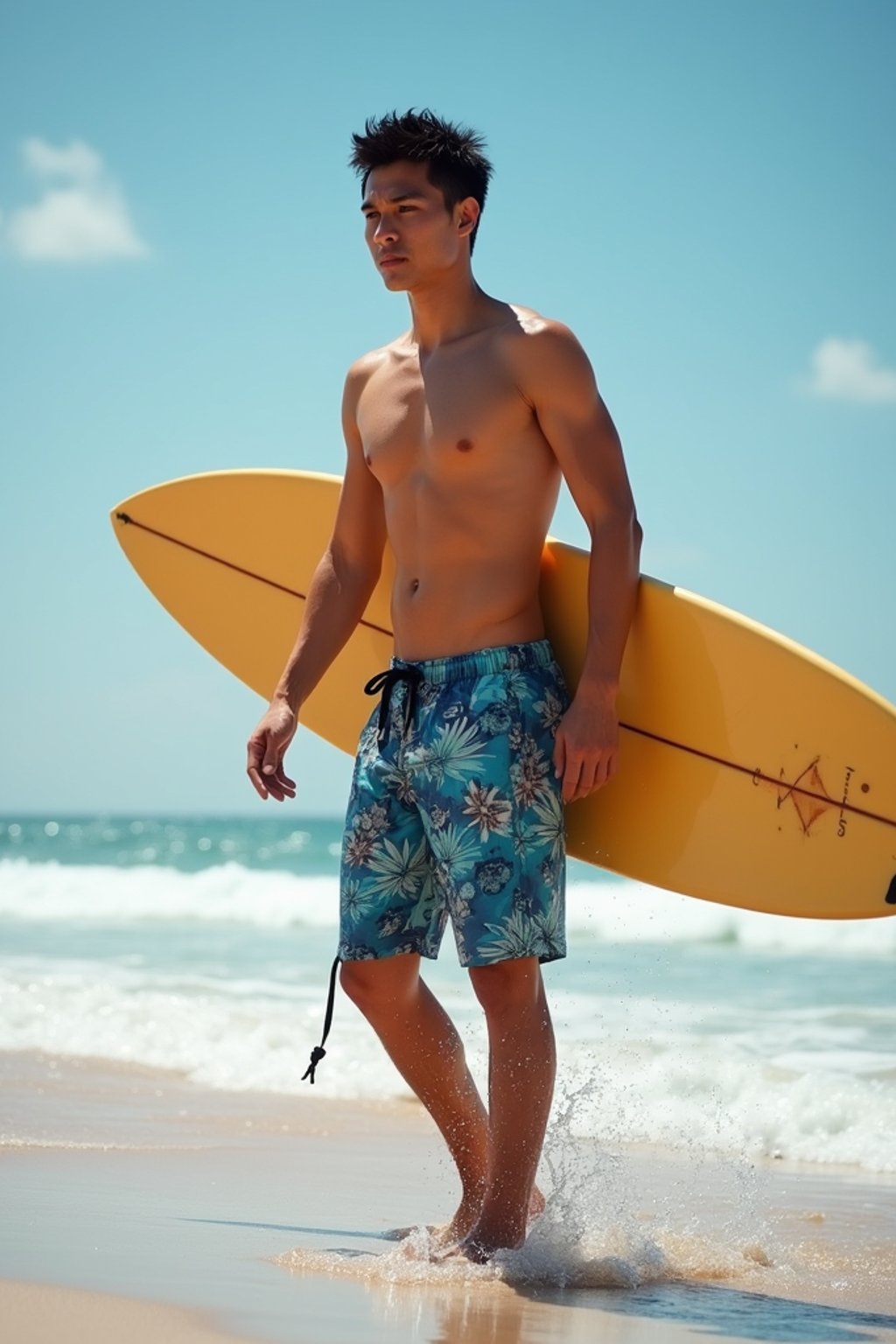 man in  board shorts with surfboard on the beach, ready to ride the waves