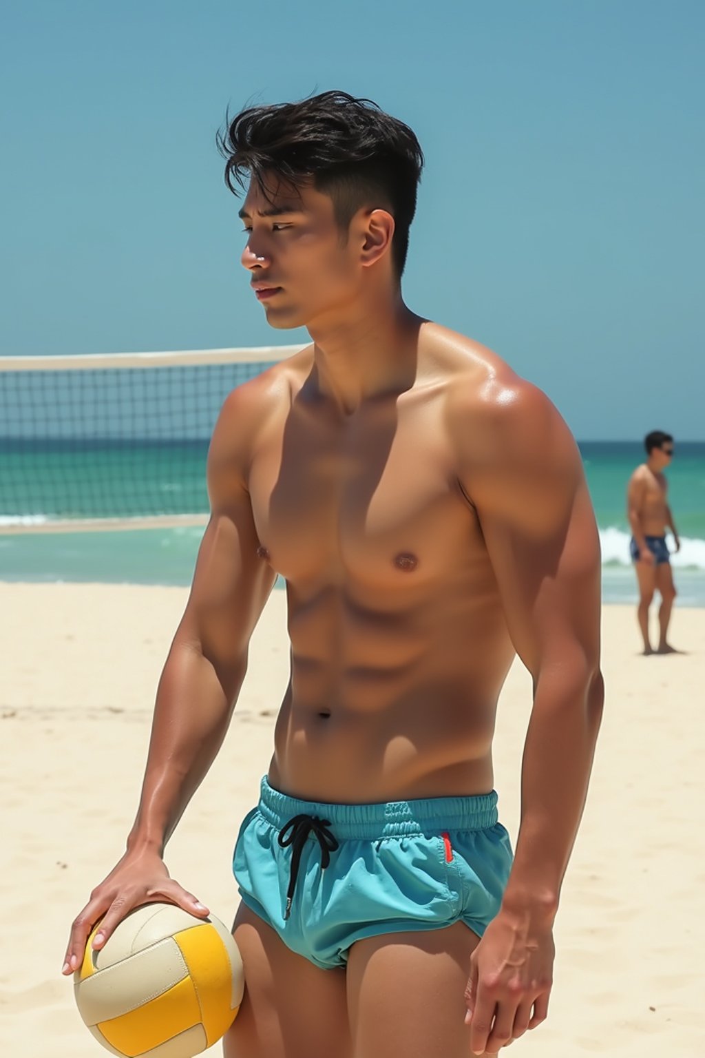 man in  swim trunks on a beach volleyball court, ready to serve