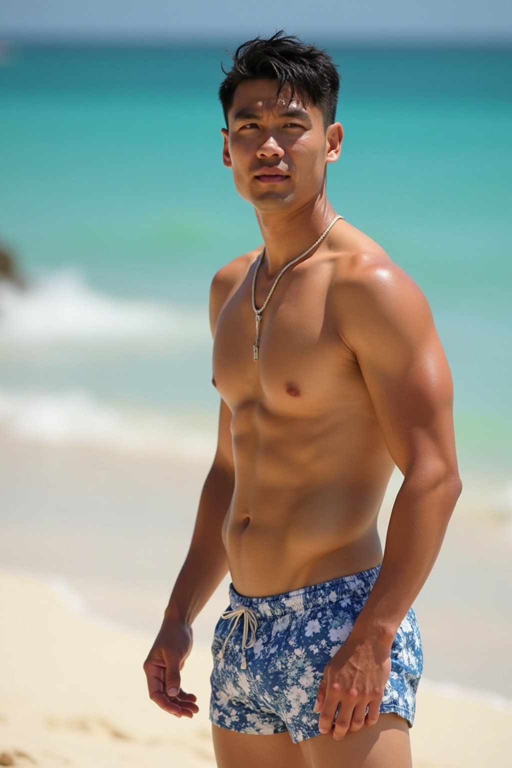 man in  swim trunks on a beach volleyball court, ready to serve