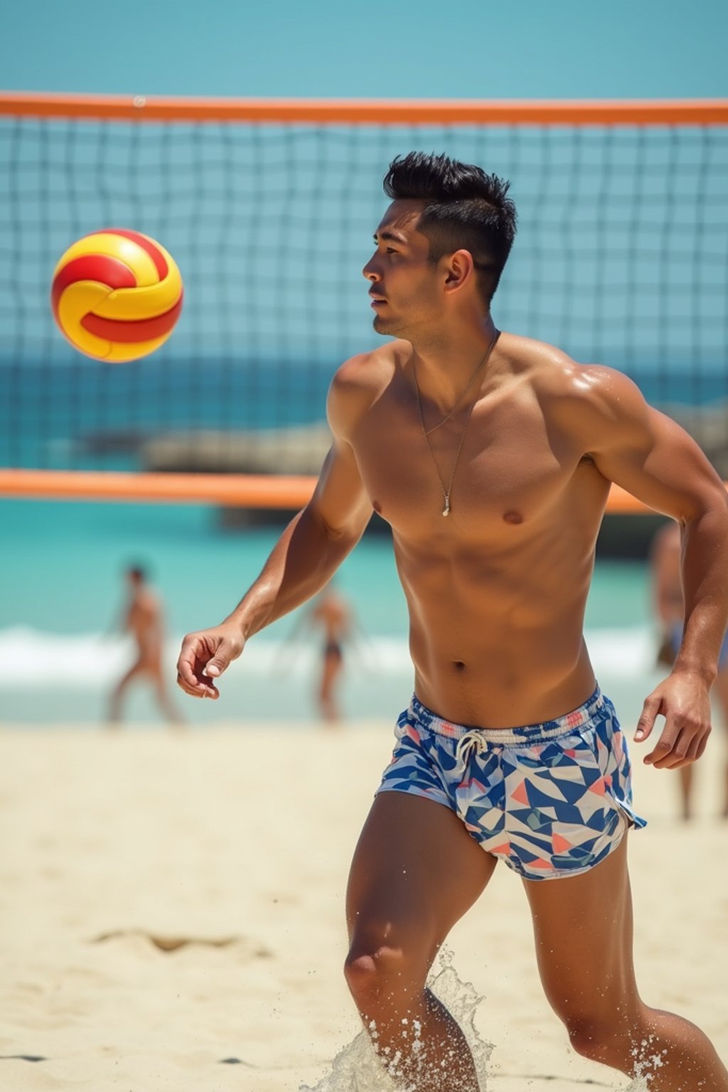 man in  swim trunks on a beach volleyball court, ready to serve