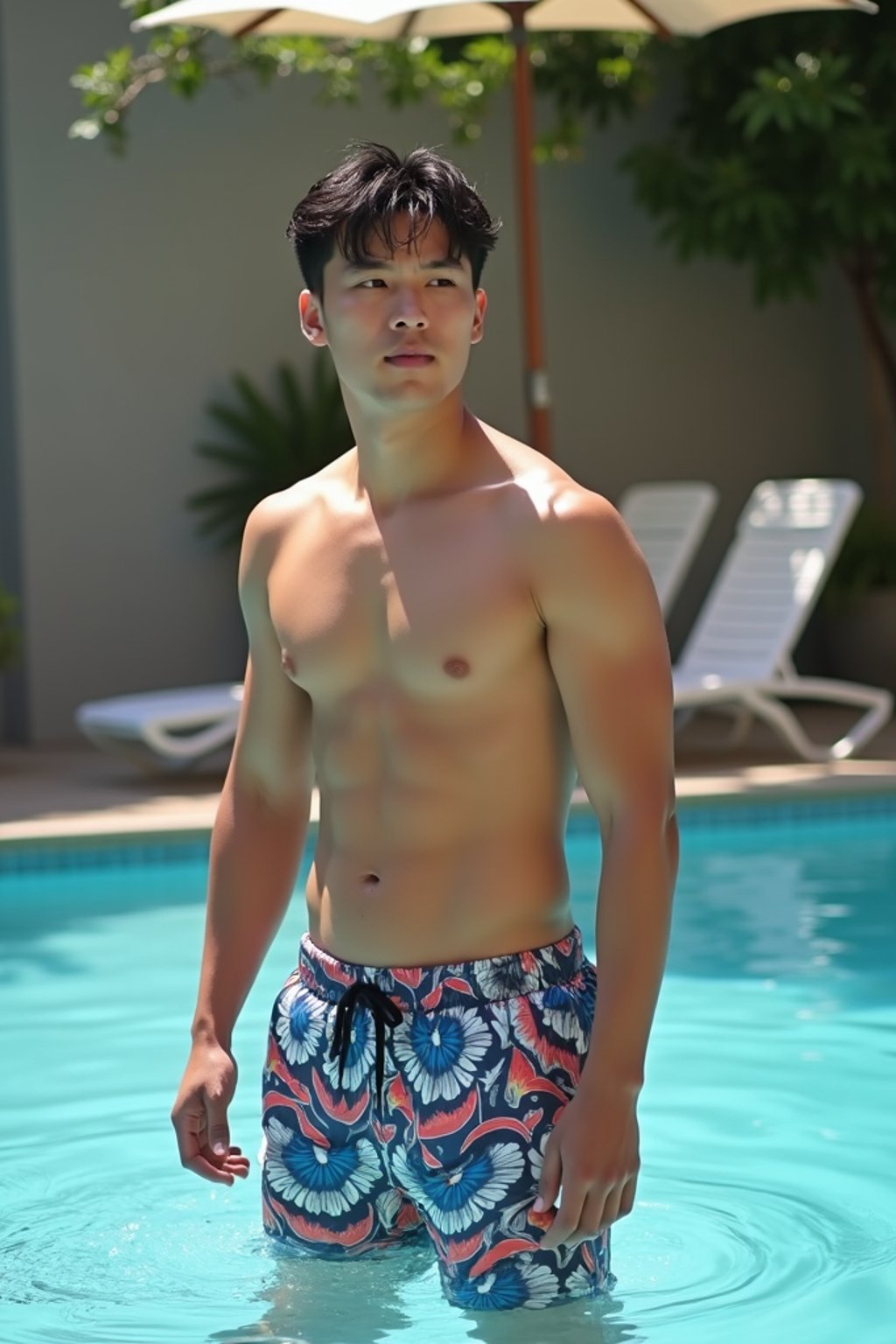 man in  swim shorts by the poolside, making a splash