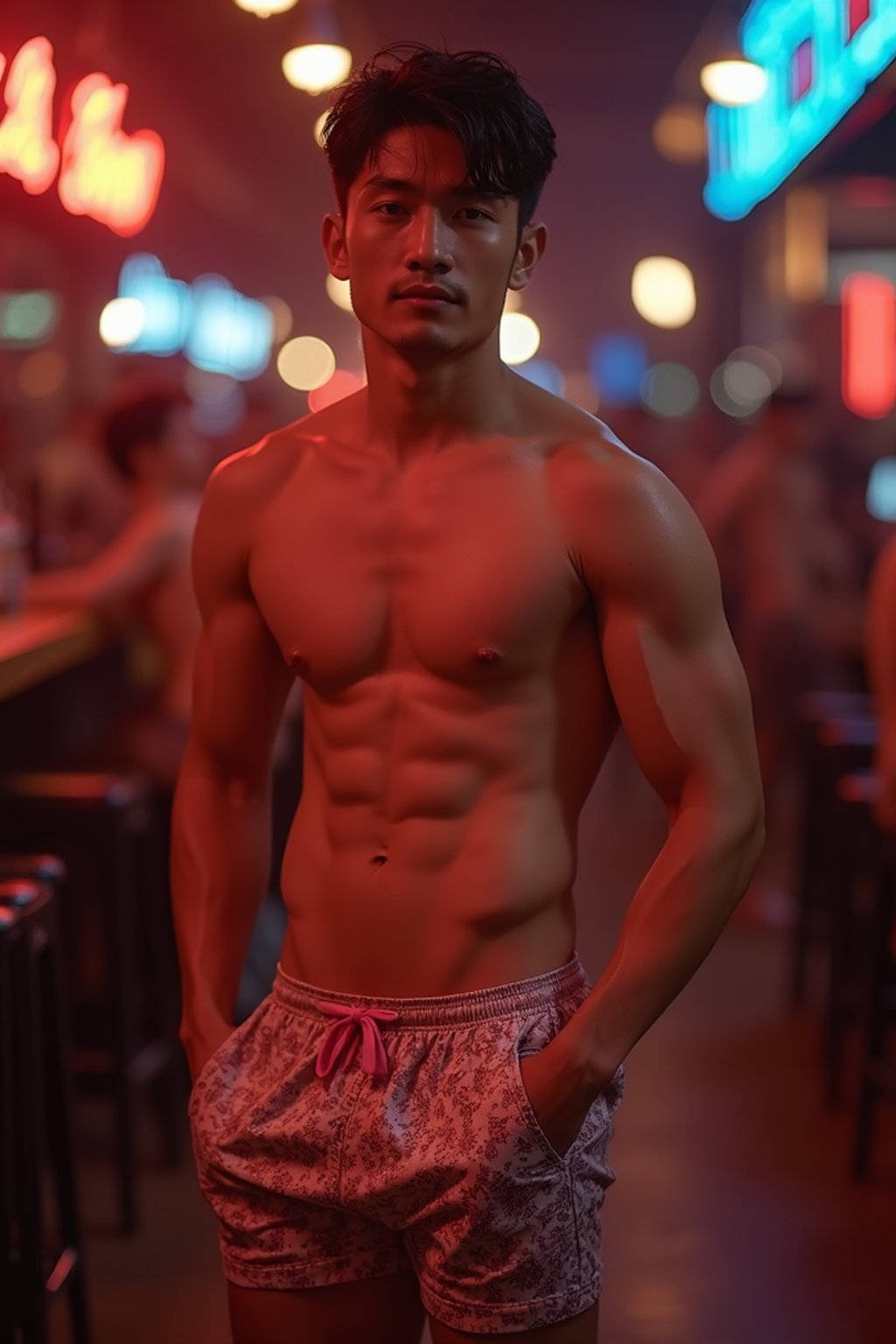 a man wearing  silk floral swim shorts in night club, instagram photo, instagram, , fit body