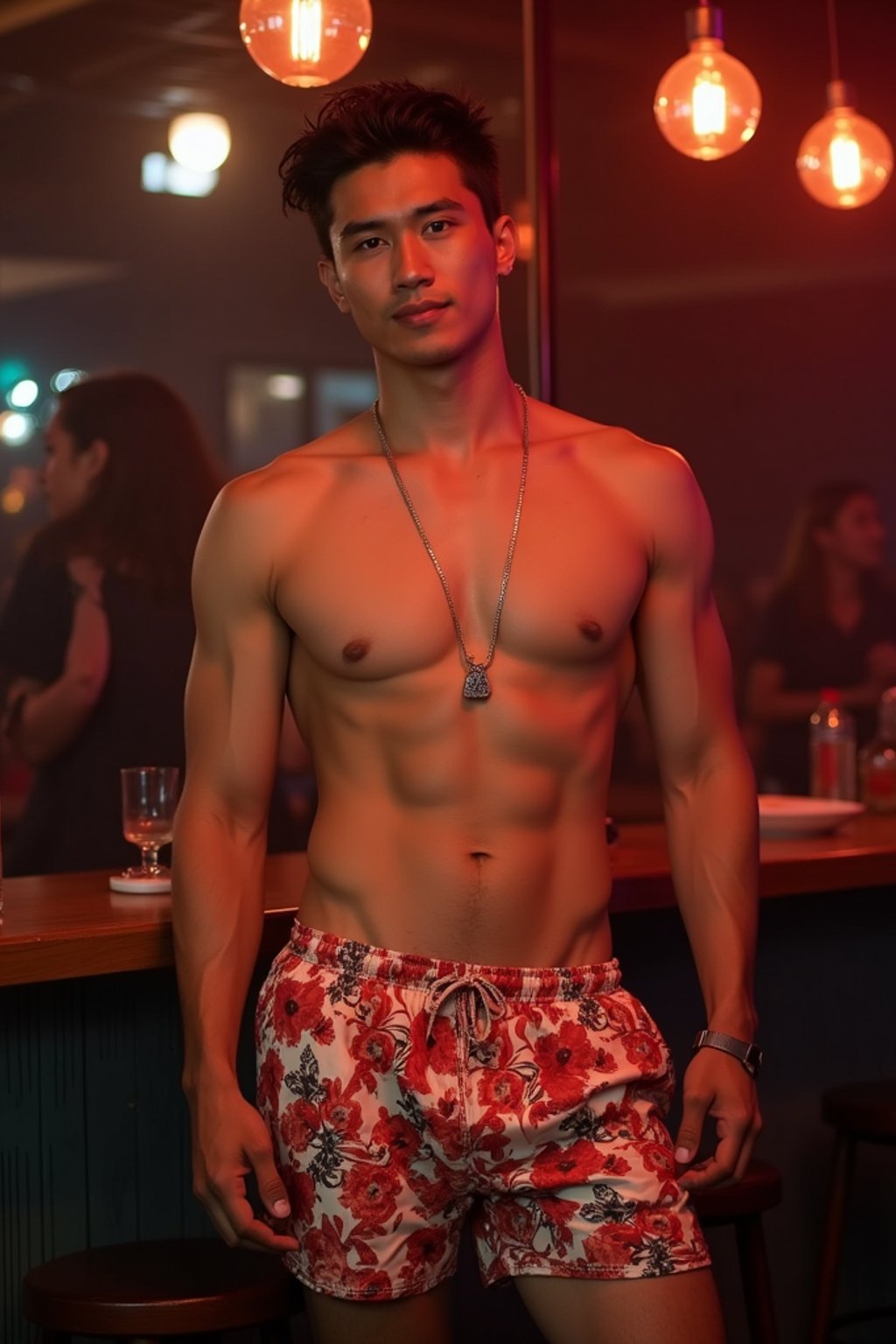 a man wearing  silk floral swim shorts in night club, instagram photo, instagram, , fit body