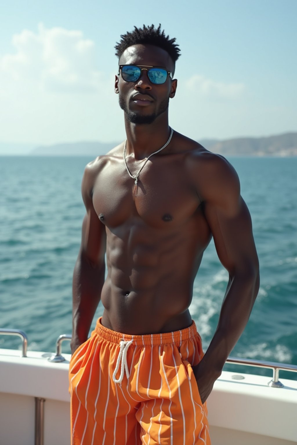 man in  swim shorts on a yacht, enjoying the sun and sea