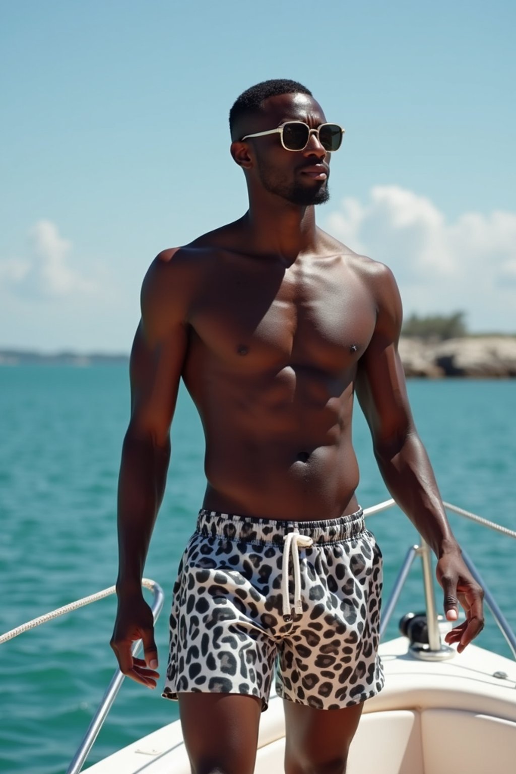 man in  swim shorts on a yacht, enjoying the sun and sea