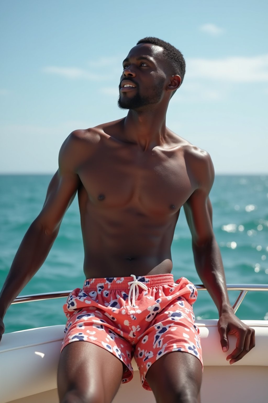 man in  swim shorts on a yacht, enjoying the sun and sea