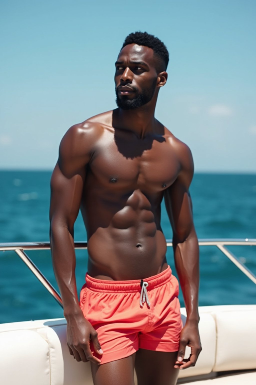 man in  swim shorts on a yacht, enjoying the sun and sea