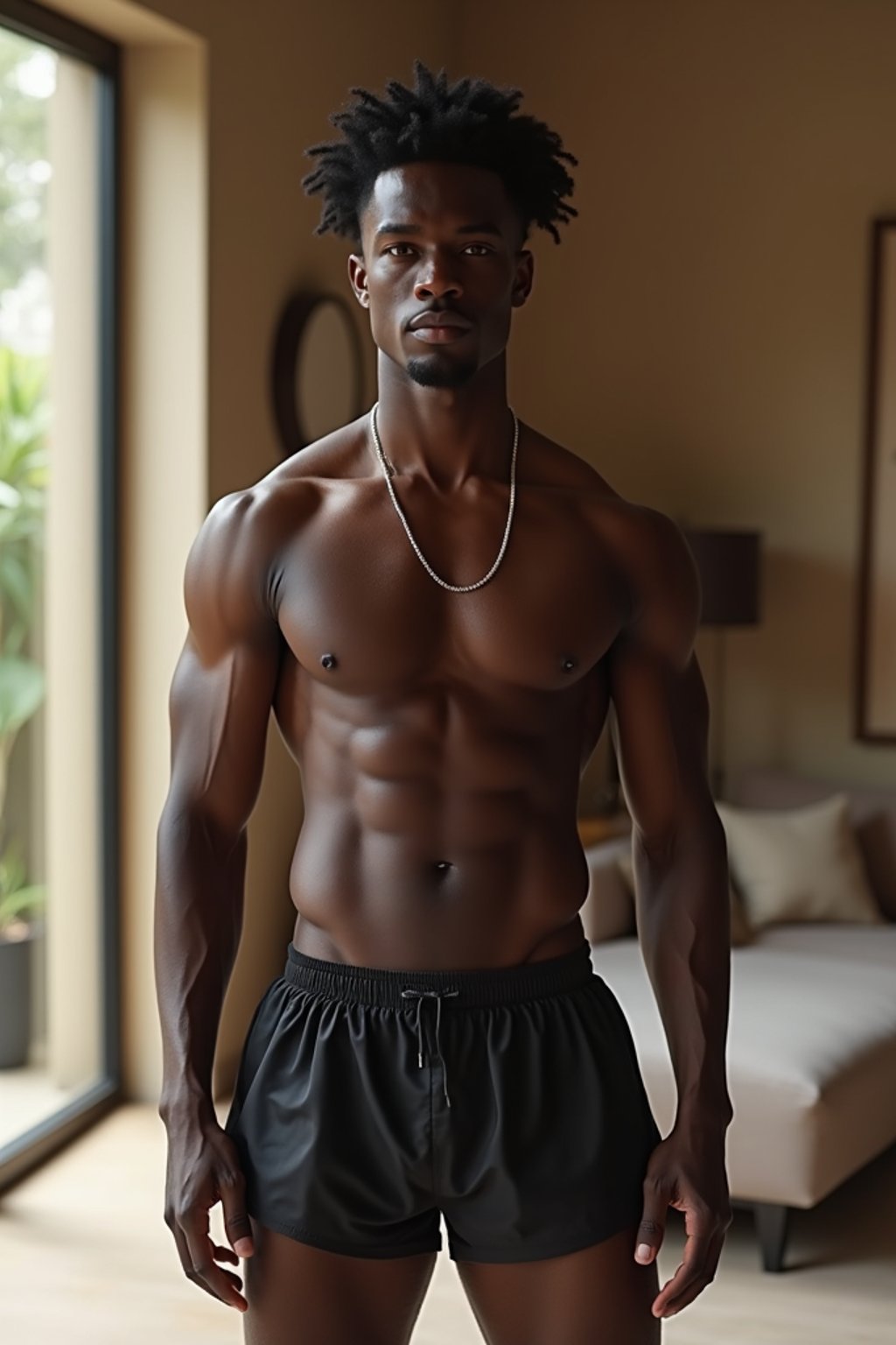 a medium portrait of a man wearing  black silk swim shorts in luxury villa living room, instagram photo,  fit body futuristic bikini