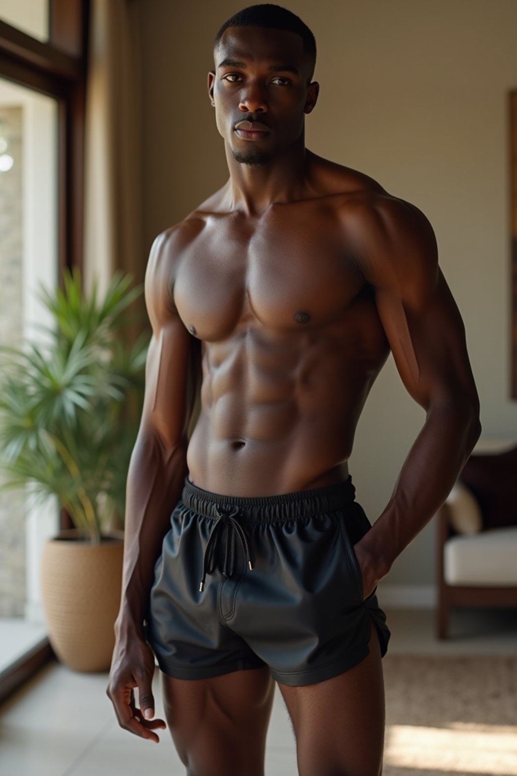 a medium portrait of a man wearing  black silk swim shorts in luxury villa living room, instagram photo,  fit body futuristic bikini