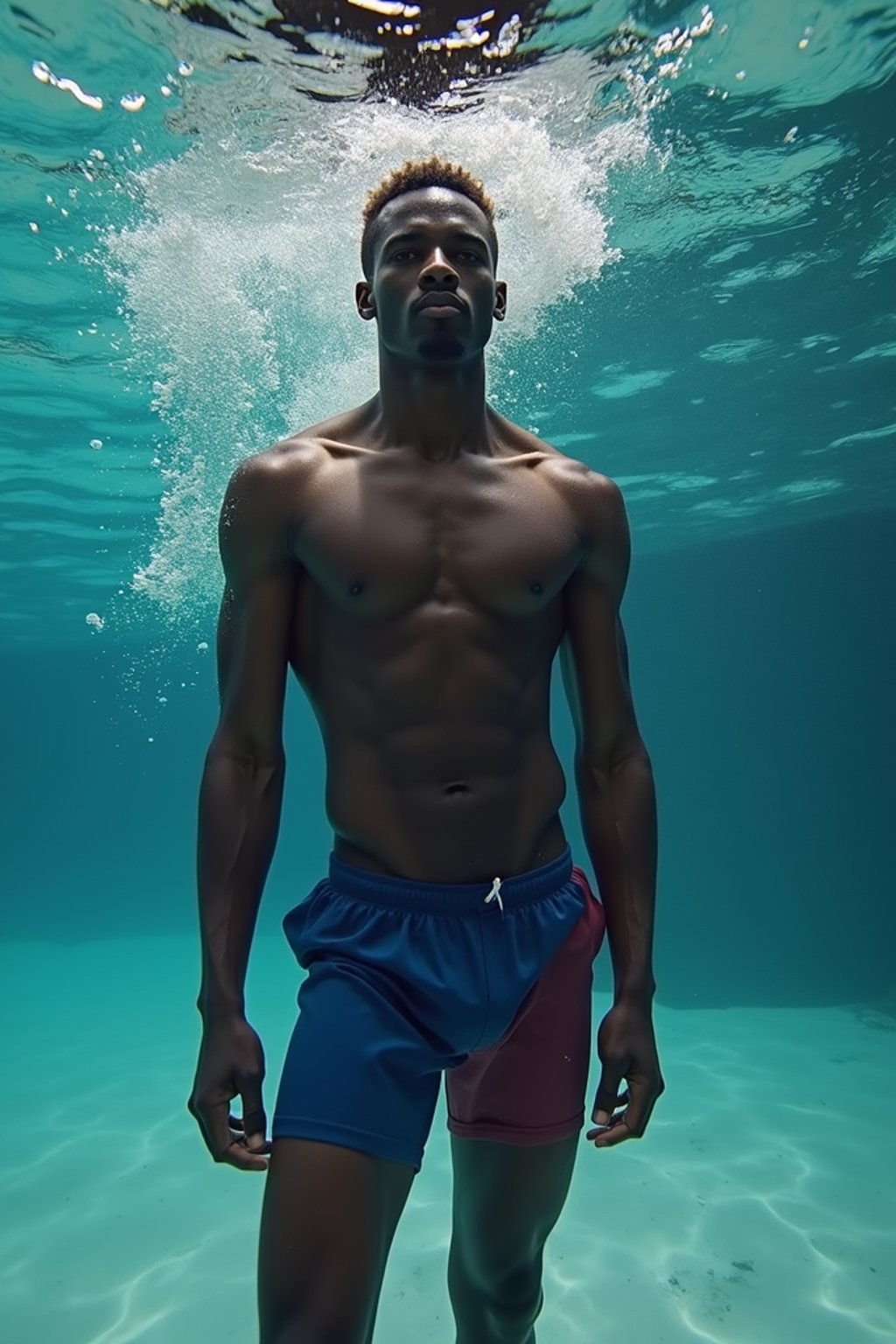 man in  swim shorts underwater, showcasing athletic ability