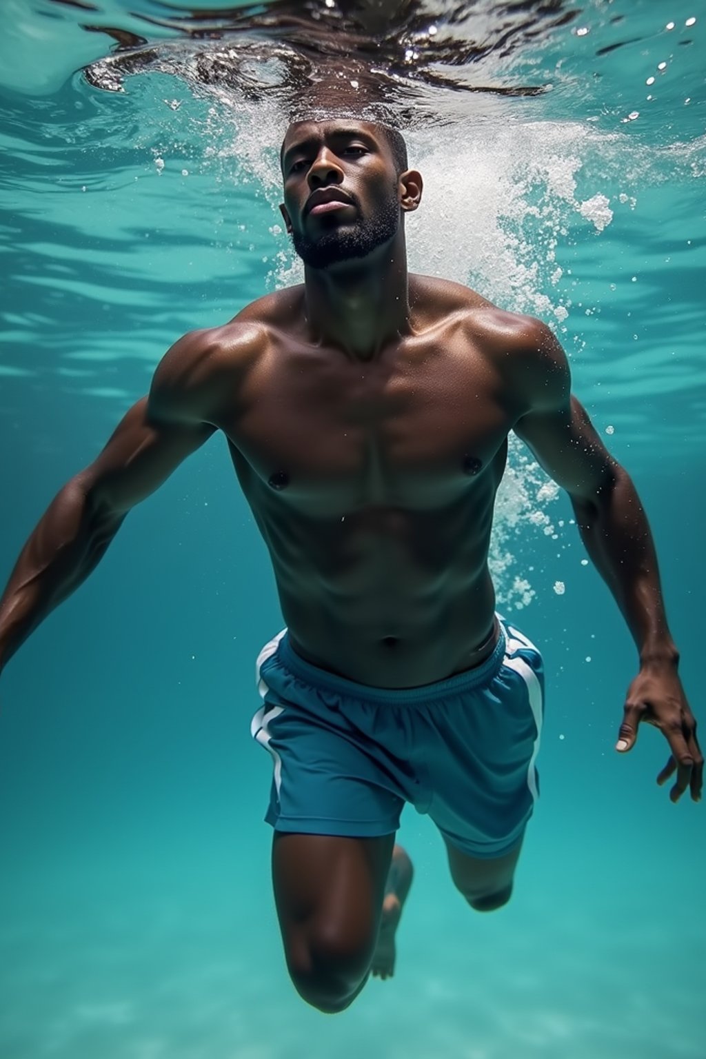 man in  swim shorts underwater, showcasing athletic ability