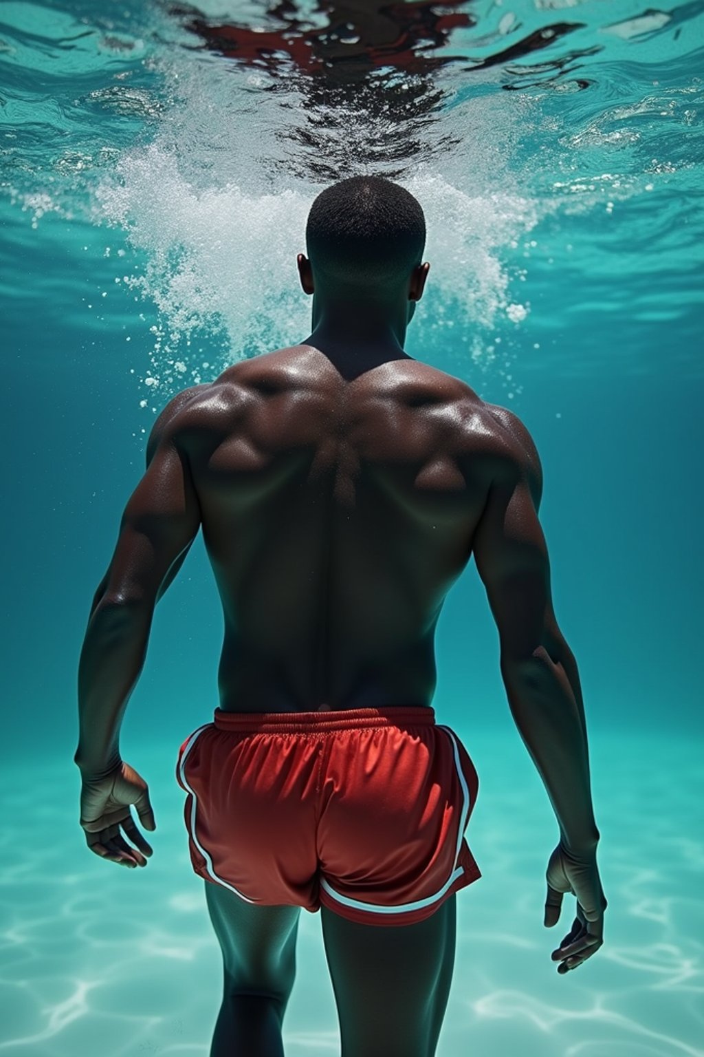 man in  swim shorts underwater, showcasing athletic ability