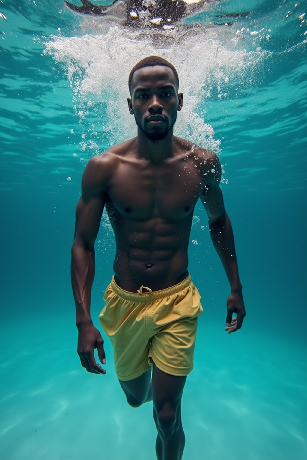 man in  swim shorts underwater, showcasing athletic ability