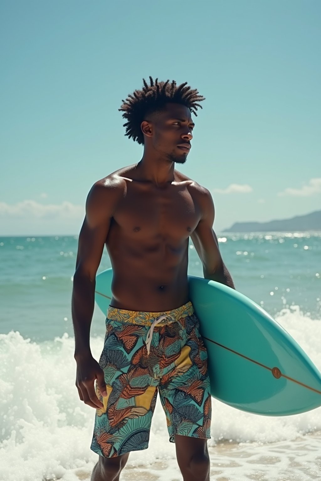 man in  board shorts with surfboard on the beach, ready to ride the waves