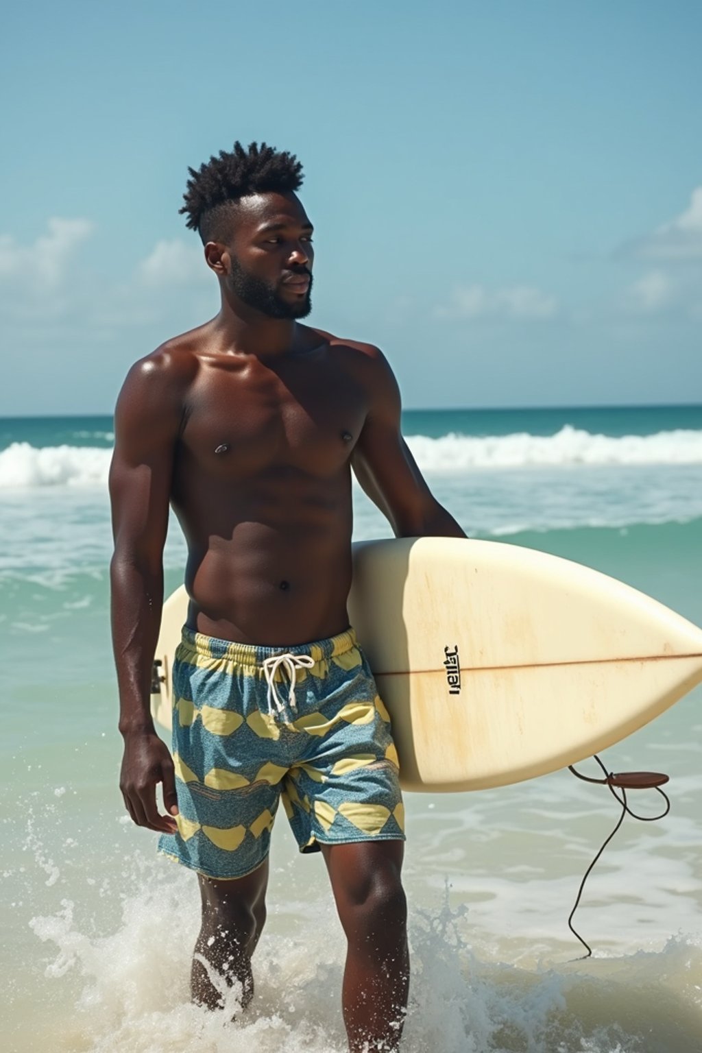 man in  board shorts with surfboard on the beach, ready to ride the waves