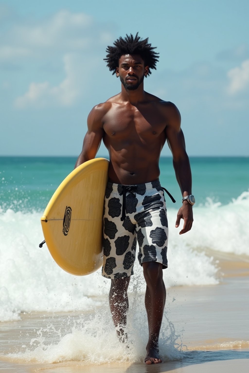 man in  board shorts with surfboard on the beach, ready to ride the waves