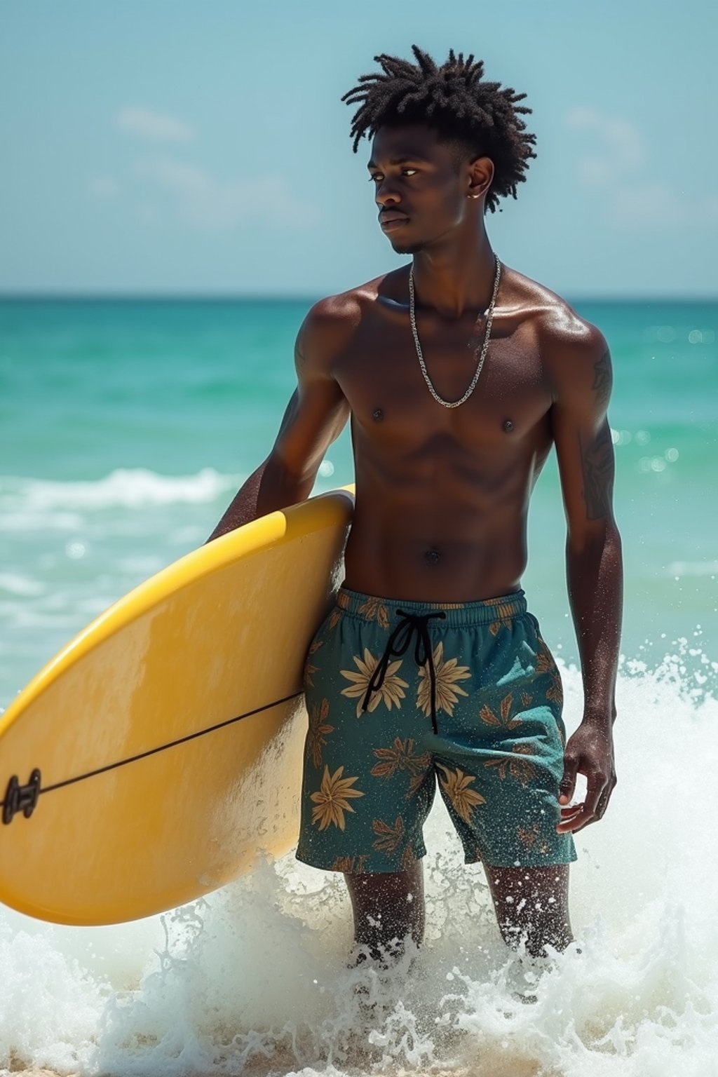 man in  board shorts with surfboard on the beach, ready to ride the waves