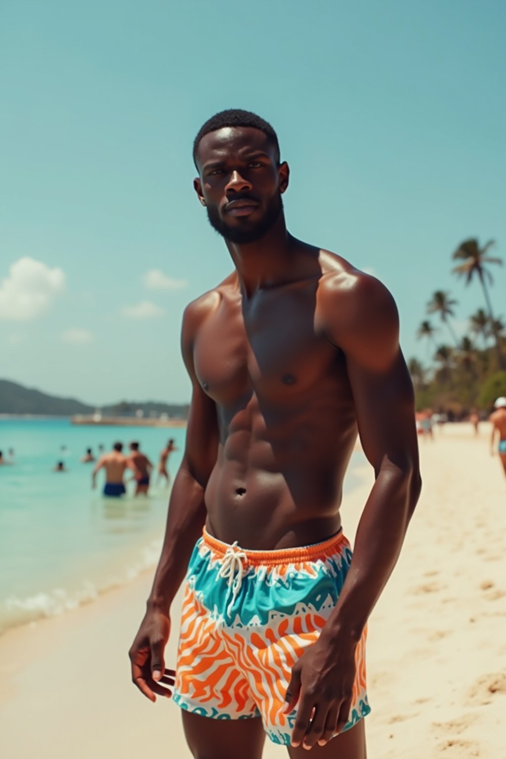 man in  swim trunks on a beach volleyball court, ready to serve