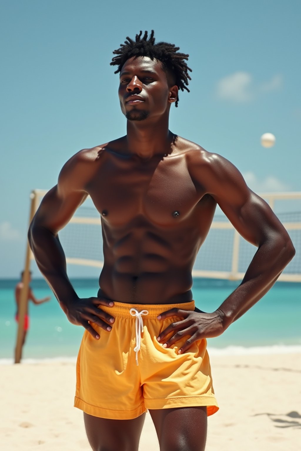 man in  swim trunks on a beach volleyball court, ready to serve