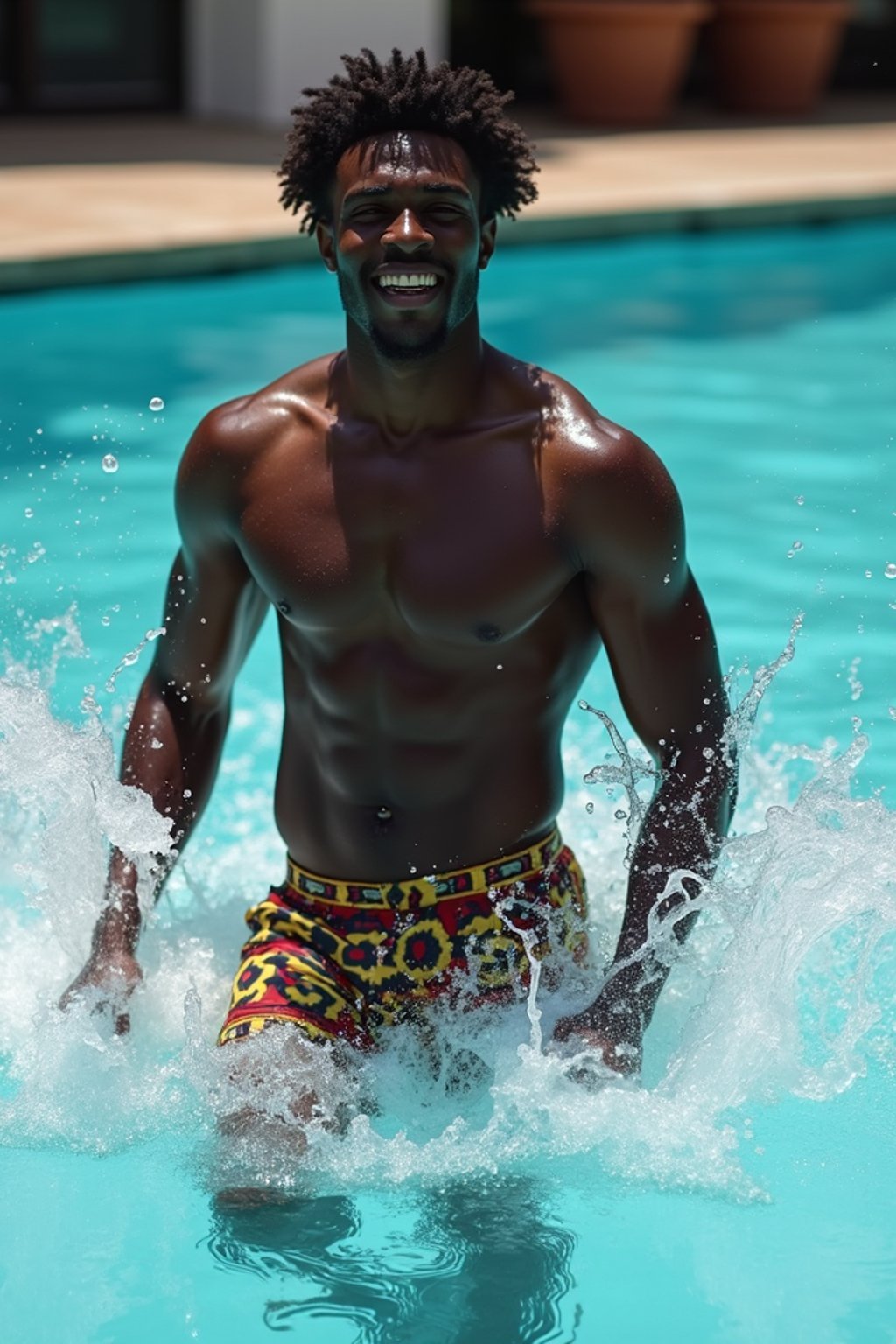 man in  swim shorts by the poolside, making a splash