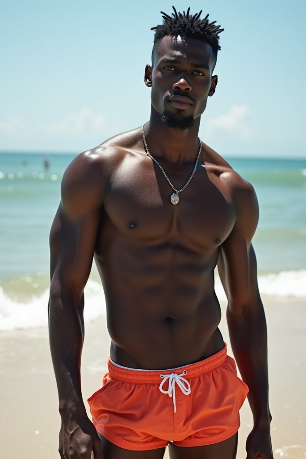 man in  swim shorts on the beach, wet hair,   men's health fitness magazine photos