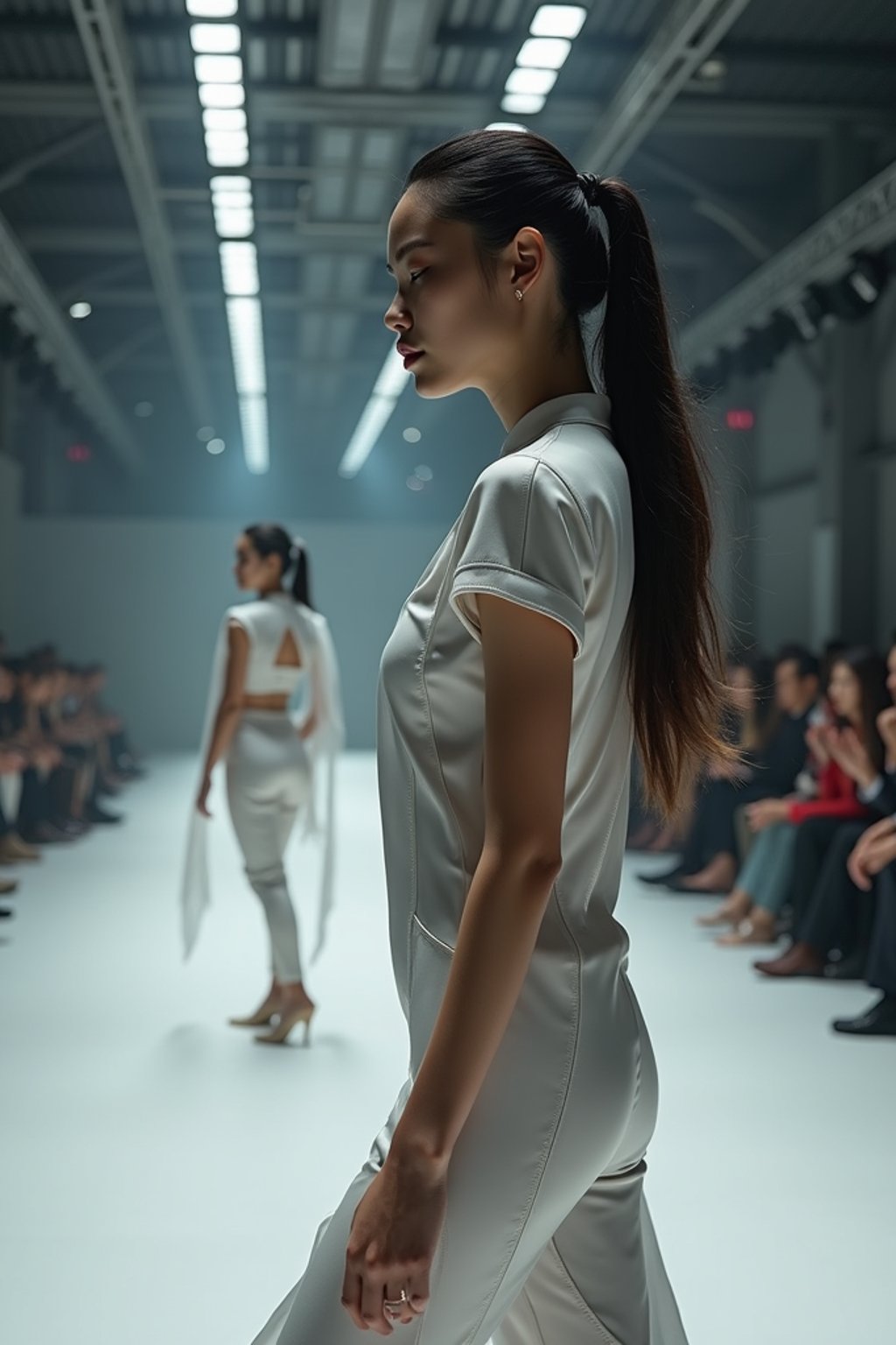 side view of woman walking on a fashion runway in an industrial space, showcasing a futuristic outfit with sharp lines