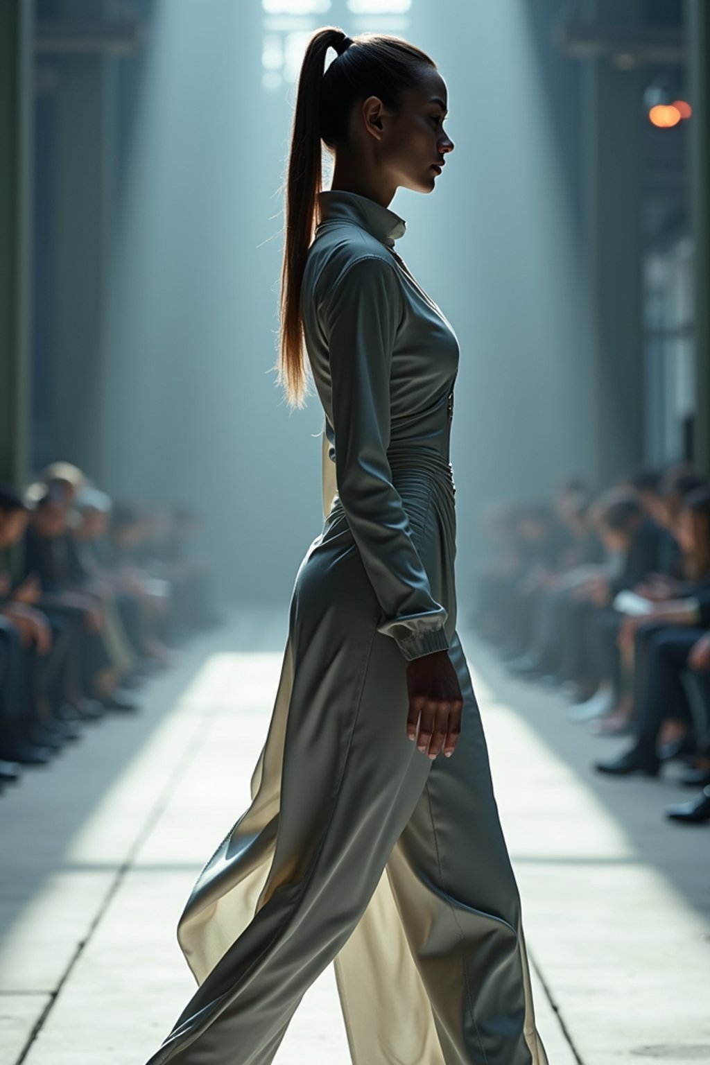 side view of woman walking on a fashion runway in an industrial space, showcasing a futuristic outfit with sharp lines