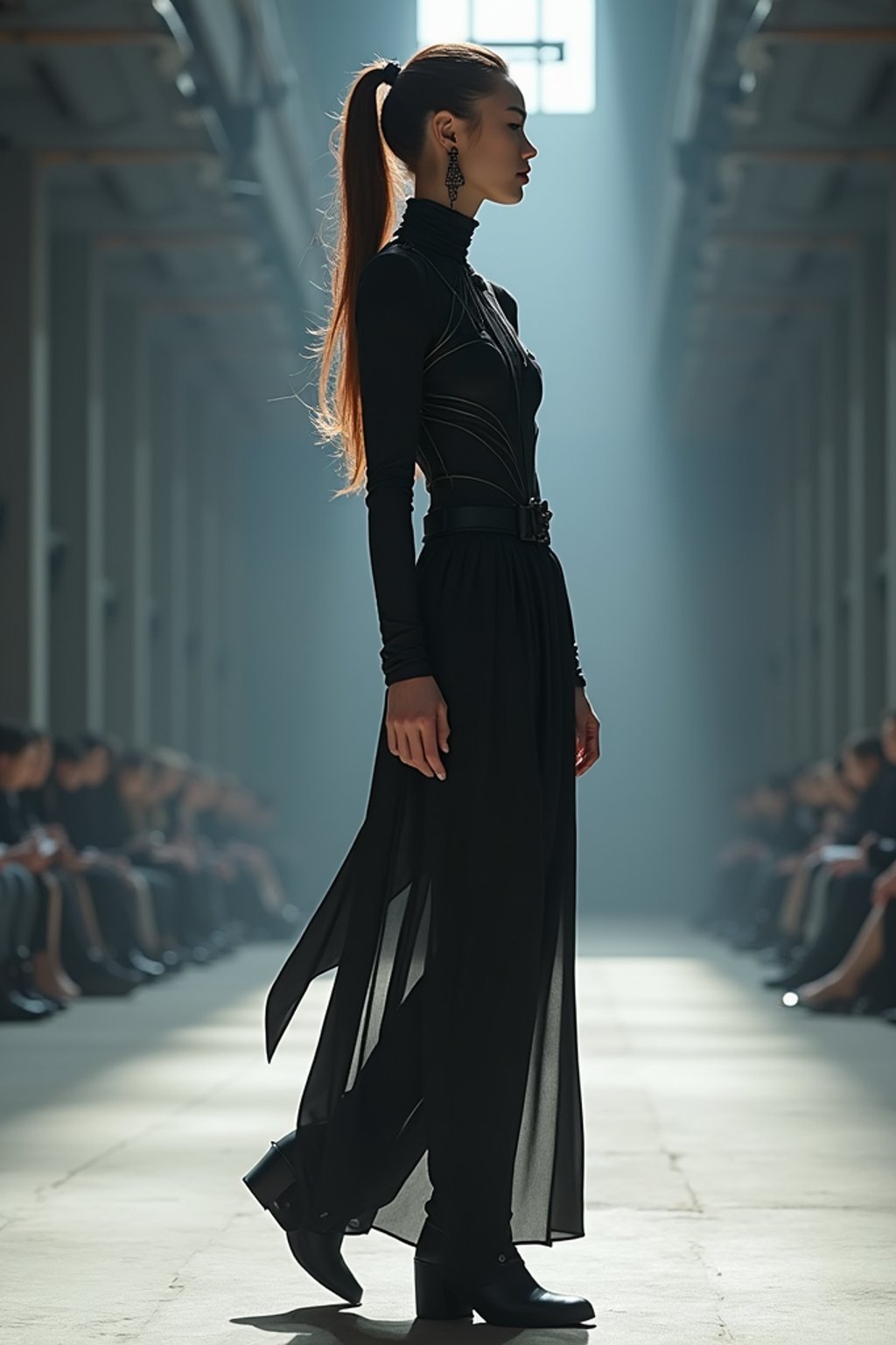 side view of woman walking on a fashion runway in an industrial space, showcasing a futuristic outfit with sharp lines