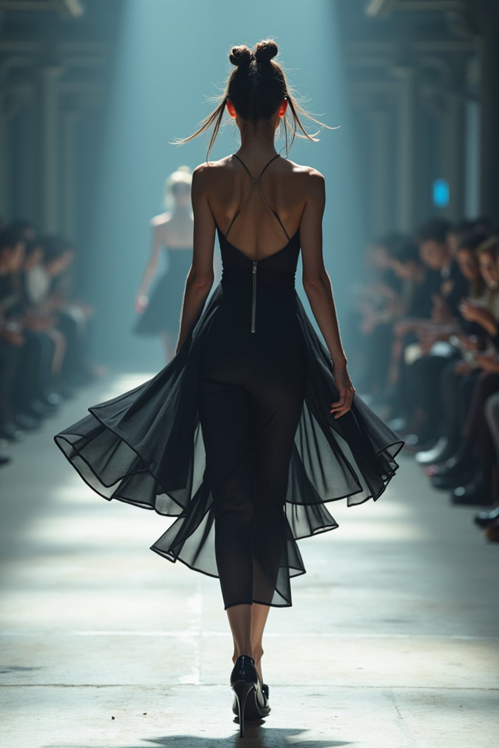 back view of woman walking on a fashion runway in an industrial space, captured mid-twirl, showcasing a futuristic outfit with sharp lines