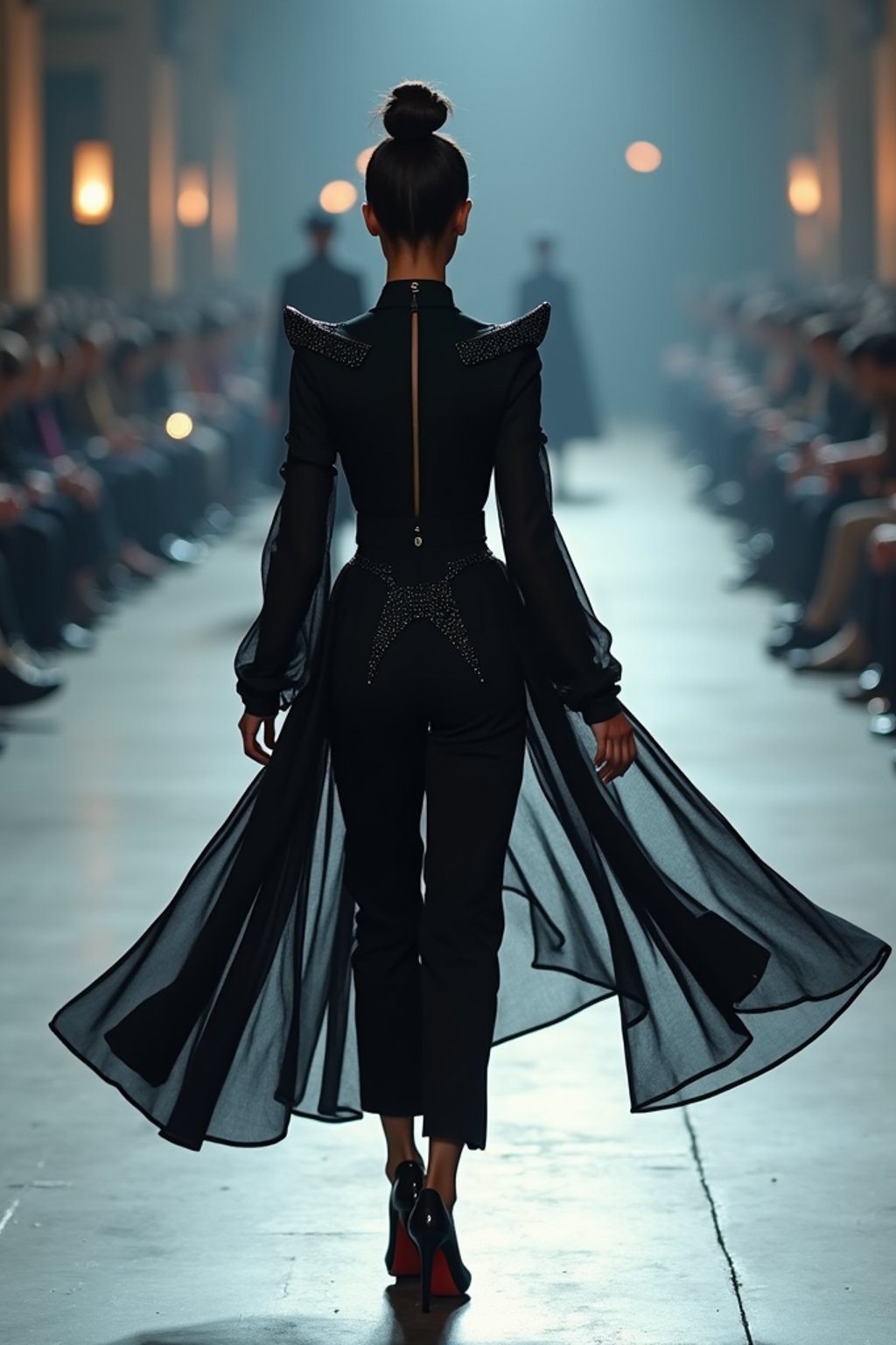 back view of woman walking on a fashion runway in an industrial space, captured mid-twirl, showcasing a futuristic outfit with sharp lines