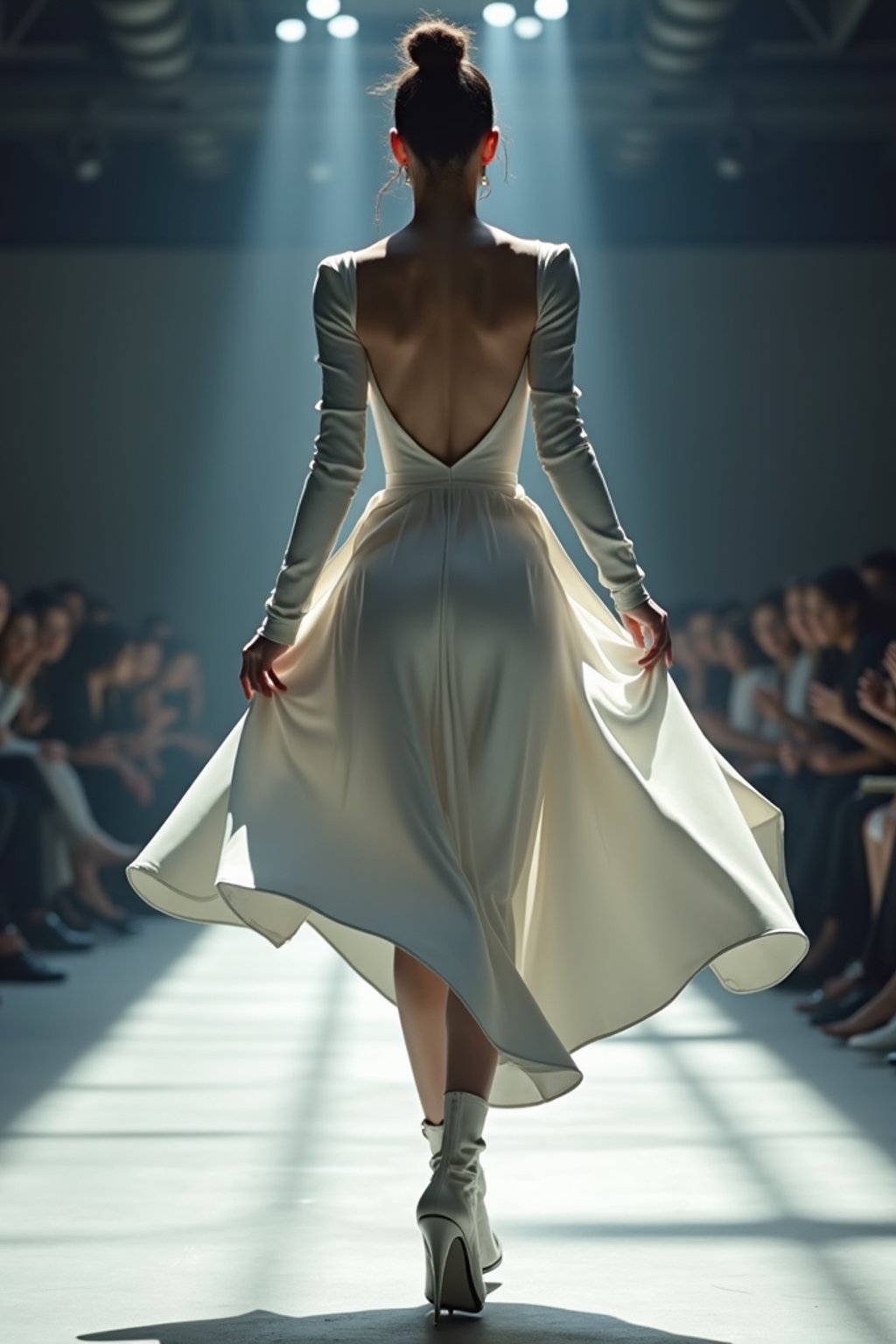 back view of woman walking on a fashion runway in an industrial space, captured mid-twirl, showcasing a futuristic outfit with sharp lines