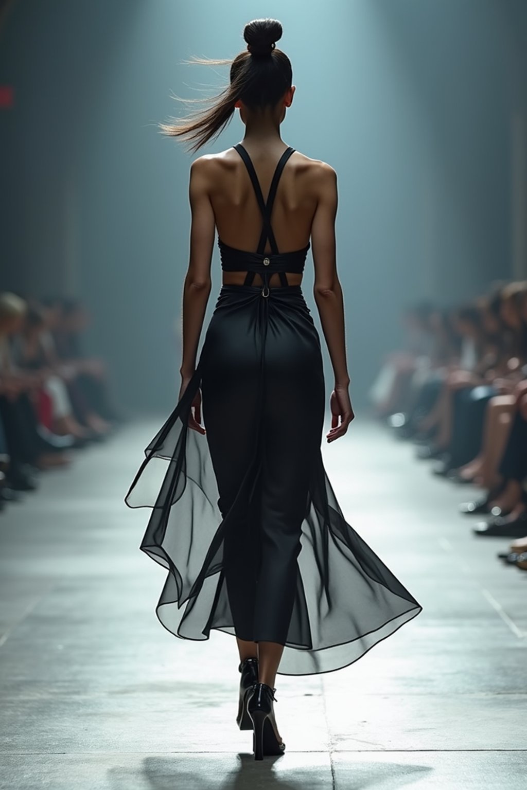 back view of woman walking on a fashion runway in an industrial space, captured mid-twirl, showcasing a futuristic outfit with sharp lines