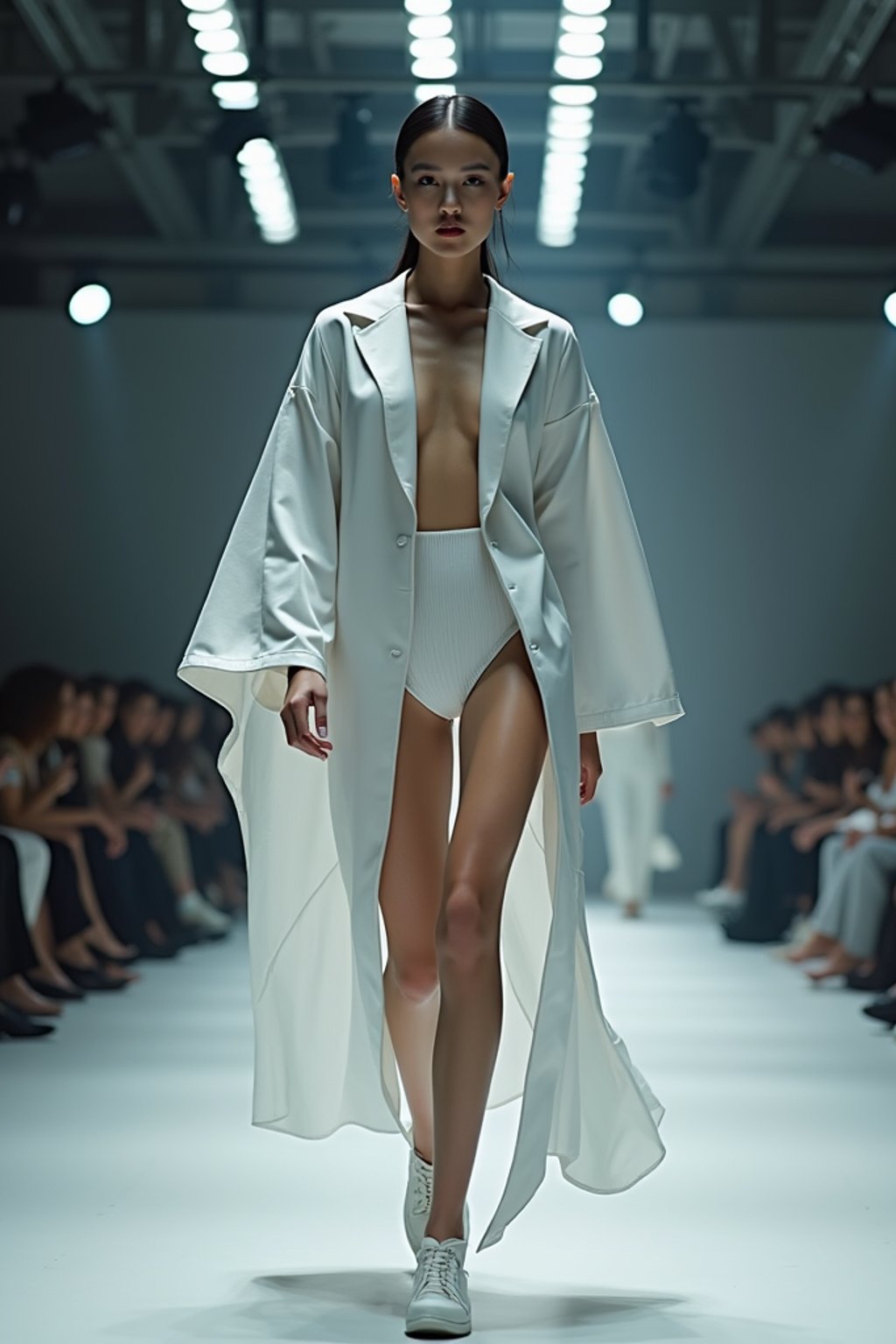 front view of woman walking on a fashion runway in an industrial space, showcasing a futuristic outfit with sharp lines