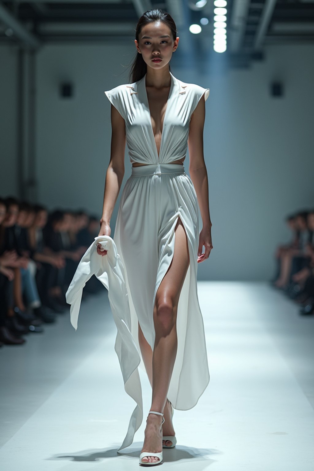 front view of woman walking on a fashion runway in an industrial space, showcasing a futuristic outfit with sharp lines