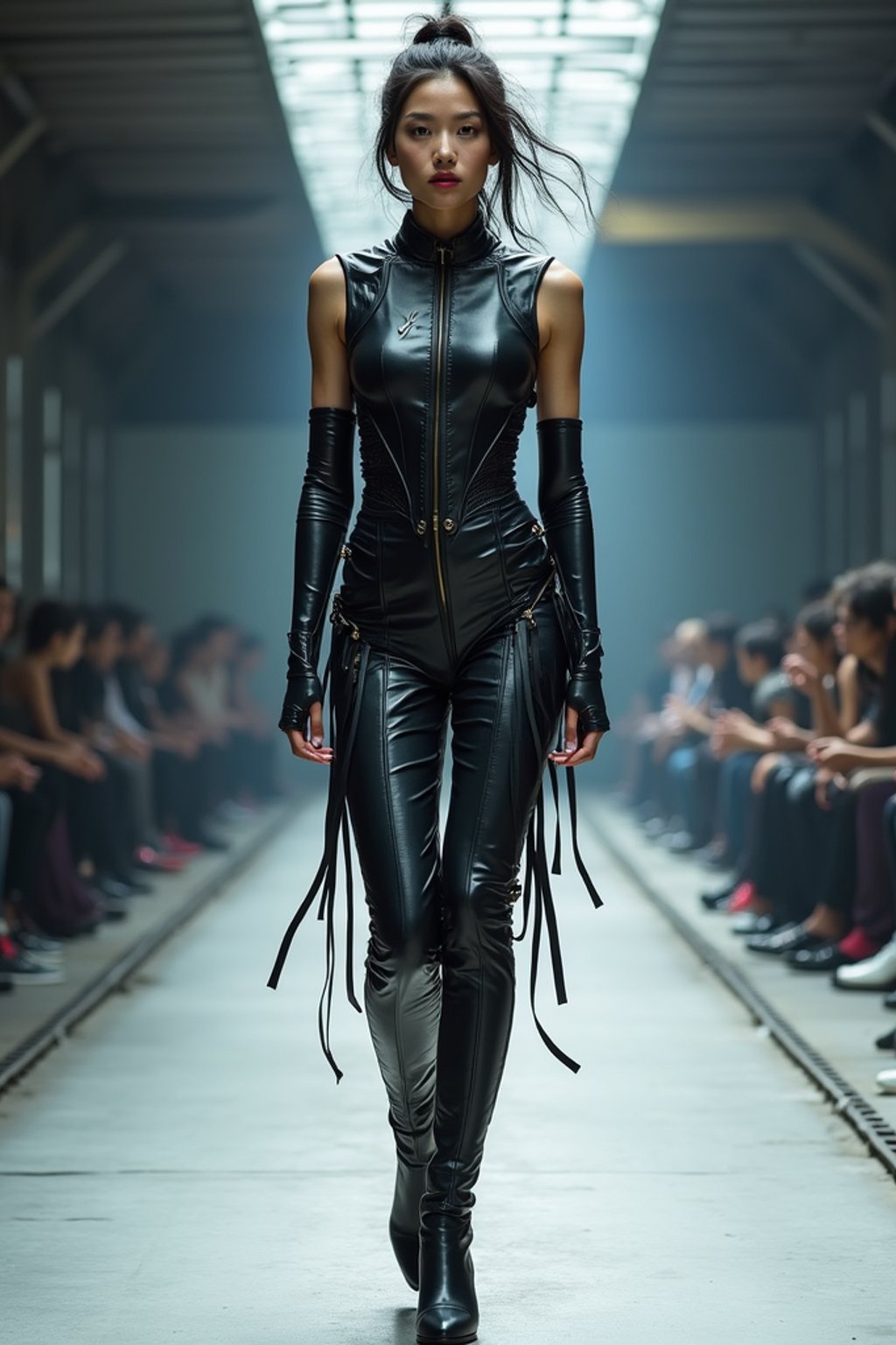 front view of woman walking on a fashion runway in an industrial space, showcasing a futuristic outfit with sharp lines