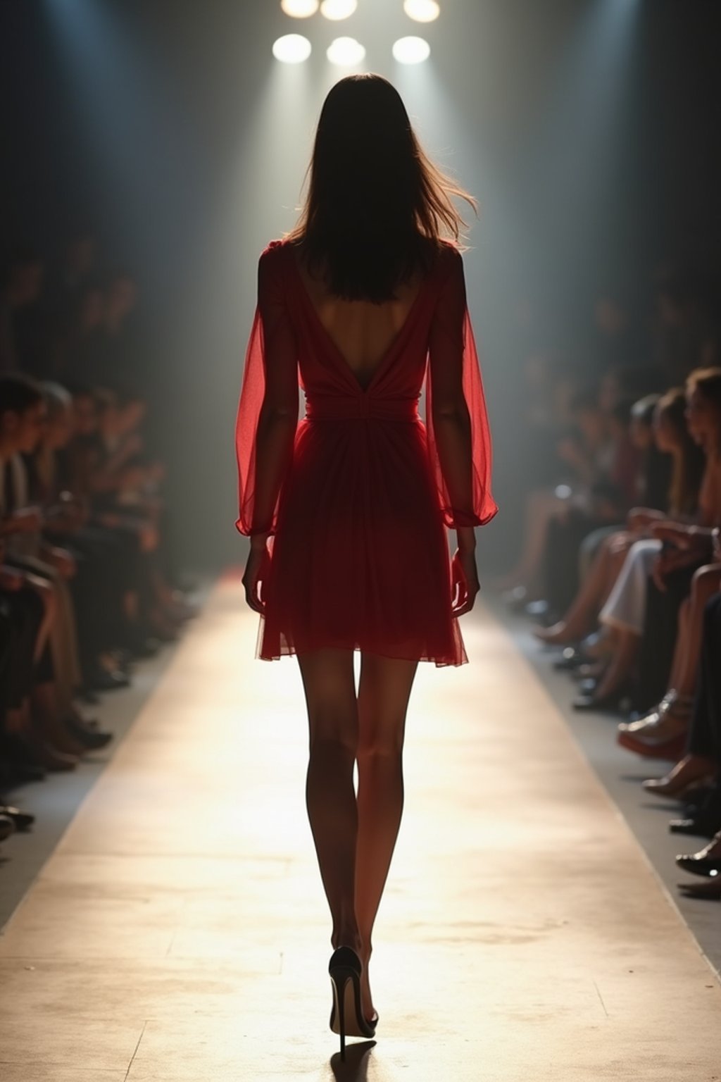 back view of woman striding confidently down a fashion runway, surrounded by flashing camera lights.