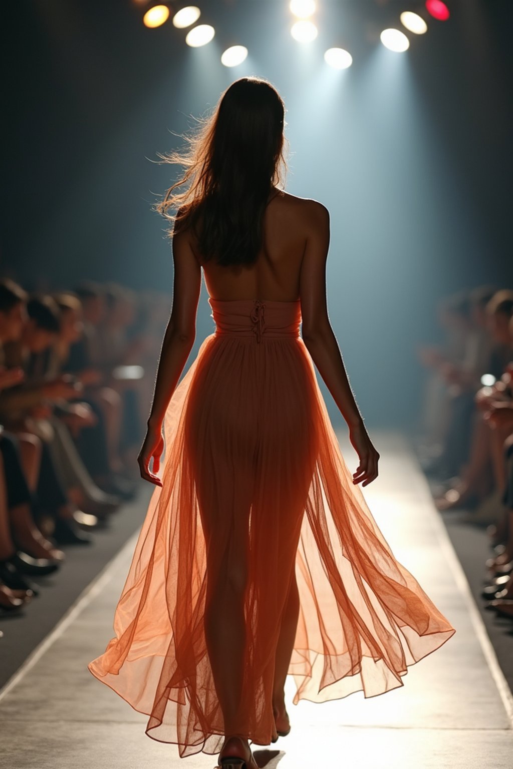 back view of woman striding confidently down a fashion runway, surrounded by flashing camera lights.