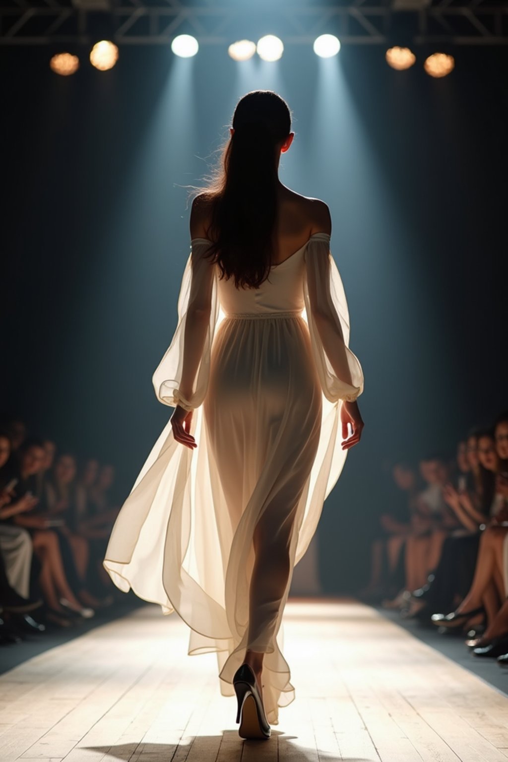 back view of woman striding confidently down a fashion runway, surrounded by flashing camera lights.