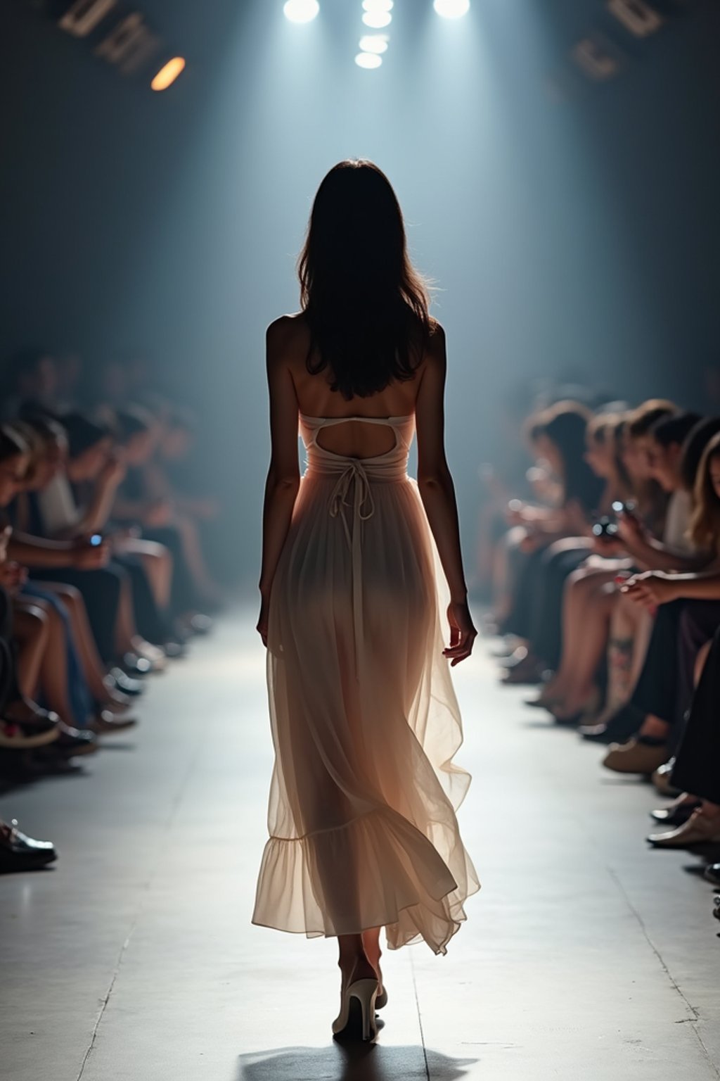 back view of woman striding confidently down a fashion runway, surrounded by flashing camera lights.