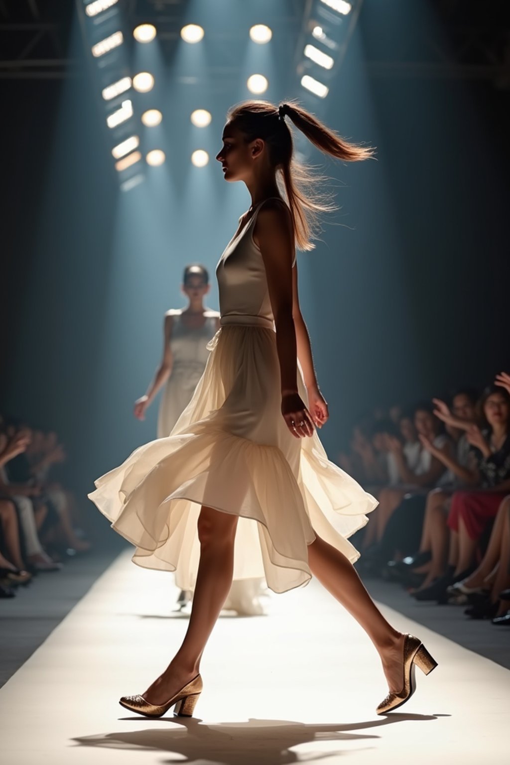 side view of woman striding confidently down a fashion runway, captured mid-twirl, surrounded by flashing camera lights.