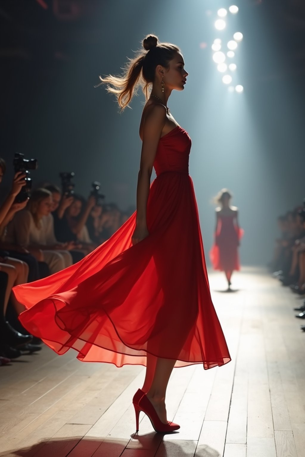 side view of woman striding confidently down a fashion runway, captured mid-twirl, surrounded by flashing camera lights.